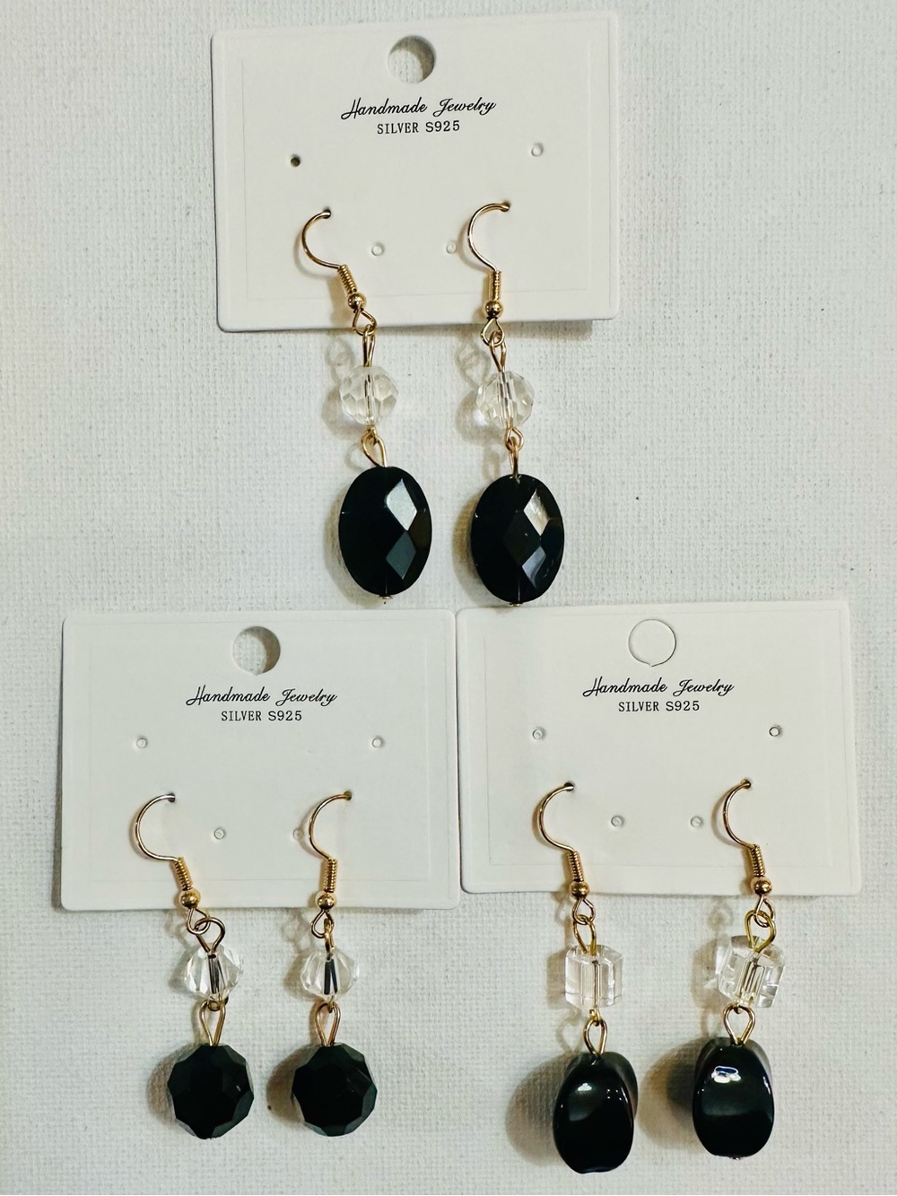3 Pair Black & Clear Crystal Drop Earring Bundle Gold Tone